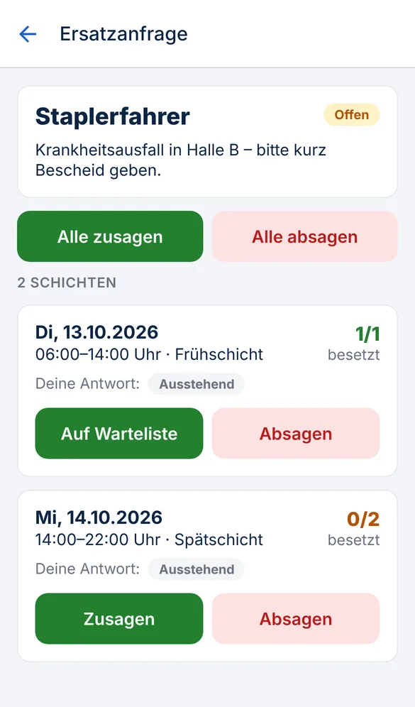 App-Ansicht für Mitarbeiter: Ersatzanfrage mit Zusagen- und Absagen-Schaltflächen pro Schicht.