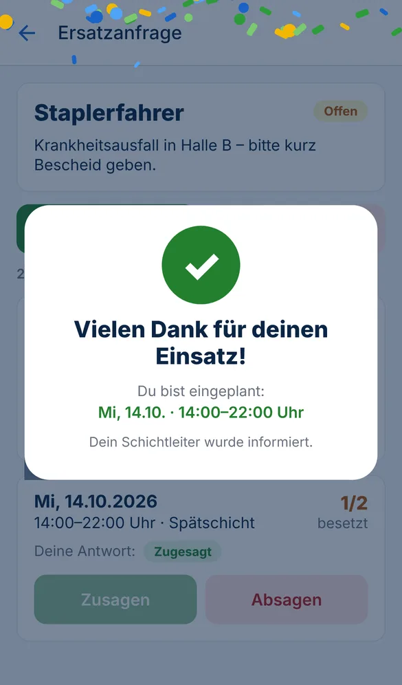 Bestätigung nach einer Zusage: „Vielen Dank für deinen Einsatz!“ mit Konfetti.